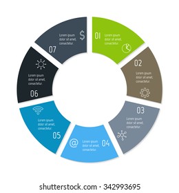 Vector connected round infographic diagram. Circular chart with 7 options. Paper progress steps for tutorial with seven parts. Business concept sequence banner. EPS10 work flow layout.