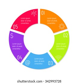Vector connected round infographic diagram. Circular chart with 5 options. Paper progress steps for tutorial with five parts. Business concept sequence banner. EPS10 work flow layout.