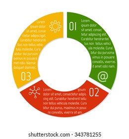 Vector connected round infographic diagram. Circular chart with 3 options. Paper progress steps for tutorial with three parts. Business concept sequence banner. EPS10 workflow layout.