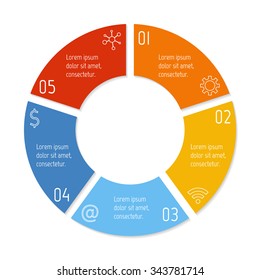 Vector connected round infographic diagram. Circular chart with 5 options. Paper progress steps for tutorial with five parts. Business concept sequence banner. EPS10 workflow layout.
