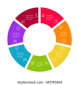 Vector connected round infographic diagram. Circular chart with 7 options. Paper progress steps for tutorial with seven parts. Business concept sequence banner. EPS10 workflow layout.