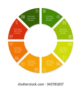 Vector connected round infographic diagram. Circular chart with 8 options. Paper progress steps for tutorial with eight parts. Business concept sequence banner. EPS10 workflow layout.
