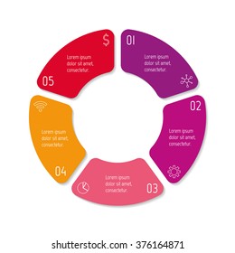 Vector connected round infographic diagram. Circular chart with 5 options. Paper progress steps for tutorial with five isolated rounded parts. Business concept sequence banner. EPS10 workflow layout.