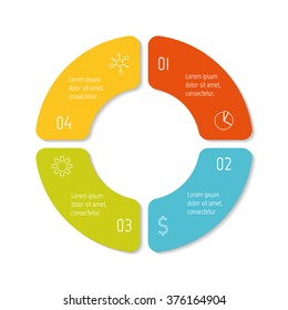 Vector connected round infographic diagram. Circular chart with 4 options. Paper progress steps for tutorial with four isolated rounded parts. Business concept sequence banner. EPS10 workflow layout.