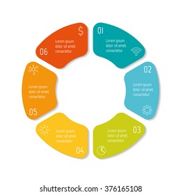 Diagrama de infografía redonda conectada por Vector. Gráfico circular con 6 opciones. Pasos de progreso de papel para tutorial con seis partes redondeadas aisladas. Anuncio de secuencia de concepto de negocio. Diseño del flujo de trabajo EPS10.