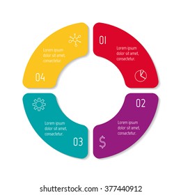 Vector connected round infographic diagram. Circular chart with 4 options. Paper progress steps for tutorial with four isolated rounded parts. Business concept sequence banner. EPS10 workflow layout.