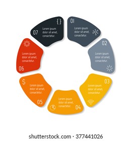 Vector connected round infographic diagram. Circular chart with 7 options. Paper progress steps for tutorial with seven isolated rounded parts. Business concept sequence banner. EPS10 workflow layout.