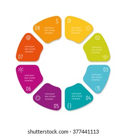 Vector connected round infographic diagram. Circular chart with 8 options. Paper progress steps for tutorial with eight isolated rounded parts. Business concept sequence banner. EPS10 workflow layout.