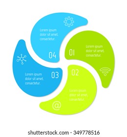 Vector connected spiral infographic diagram. Circular chart with 4 options. Paper progress steps for tutorial. Business concept sequence banner. EPS10 workflow layout.
