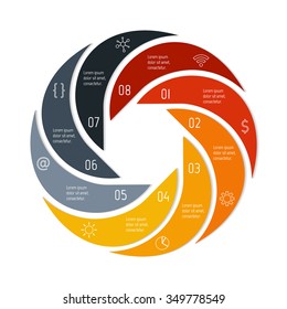 Vector connected spiral infographic diagram. Circular chart with 8 options. Paper progress steps for tutorial. Business concept sequence banner. EPS10 workflow layout.