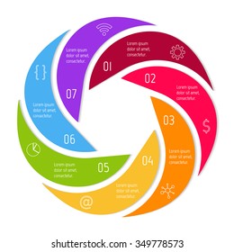 Vector connected spiral infographic diagram. Circular chart with 7 options. Paper progress steps for tutorial. Business concept sequence banner. EPS10 workflow layout.