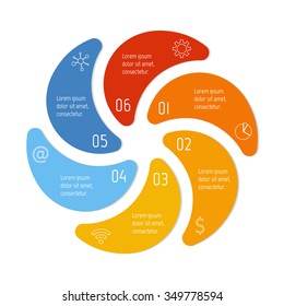 Vector connected spiral infographic diagram. Circular chart with 6 options. Paper progress steps for tutorial. Business concept sequence banner. EPS10 workflow layout.