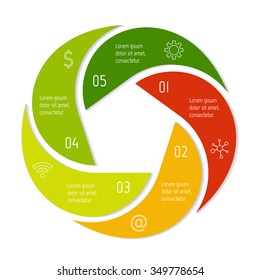 Vector connected spiral infographic diagram. Circular chart with 5 options. Paper progress steps for tutorial. Business concept sequence banner. EPS10 workflow layout.