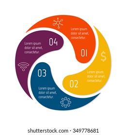 Vector connected spiral infographic diagram. Circular chart with 4 options. Paper progress steps for tutorial. Business concept sequence banner. EPS10 workflow layout.