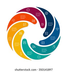 Vector connected spiral infographic diagram. Circular chart with 8 options. Paper progress steps for tutorial. Business concept sequence banner. EPS10 workflow layout.