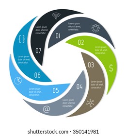 Vector connected spiral infographic diagram. Circular chart with 7 options. Paper progress steps for tutorial. Business concept sequence banner. EPS10 workflow layout.