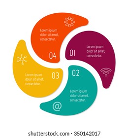 Vector connected spiral infographic diagram. Circular chart with 4 options. Paper progress steps for tutorial. Business concept sequence banner. EPS10 workflow layout.