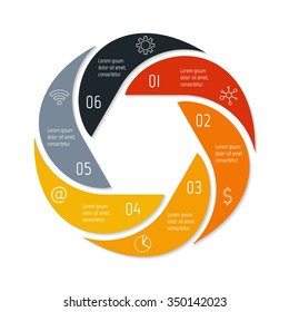 Vector connected spiral infographic diagram. Circular chart with 6 options. Paper progress steps for tutorial. Business concept sequence banner. EPS10 workflow layout.