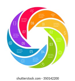 Vector connected spiral infographic diagram. Circular chart with 8 options. Paper progress steps for tutorial. Business concept sequence banner. EPS10 workflow layout.