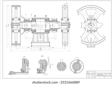 Eixo da haste de ligação do vetor com rosca e mancal.
Desenho de montagem mecânica de engenharia de dispositivo de aço
com linhas de dimensão. Técnica industrial 
esquema cad em folha de papel branco. 
Peça da máquina. 