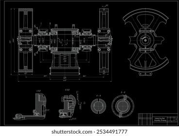 Eixo da haste de ligação do vetor com rosca e mancal.
Desenho de montagem mecânica de engenharia de dispositivo de aço
com linhas de dimensão. Técnica industrial 
esquema cad em folha de papel branco. 
Peça da máquina.