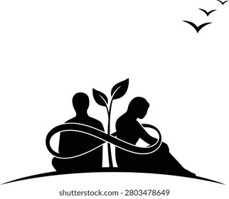 Vector connection featuring two figures embracing with infinity symbol and plant on white background keywords: couple, embrace, infinity symbol, plant, growth, love, connection, relationship, eternity, nature, life, balance, togetherness, partnership, support, organic, silhouette, black and white, abstract, symbol, spiritual, harmony, peace, hope, future, couple silhouette, intertwined, growth symbol, new beginnings, enduring love description: a symbolic black and white illustration depicts...