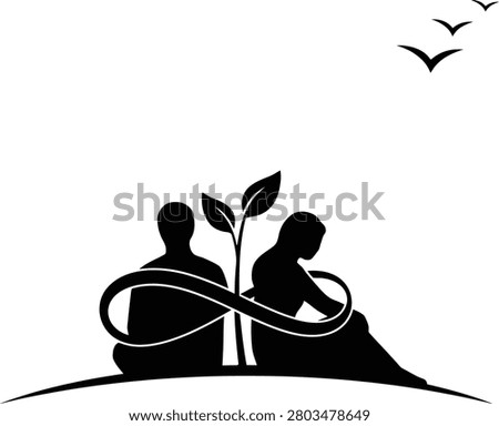 Vector connection featuring two figures embracing with infinity symbol and plant on white background keywords: couple, embrace, infinity symbol, plant, growth, love, connection, relationship, eternity, nature, life, balance, togetherness, partnership, support, organic, silhouette, black and white, abstract, symbol, spiritual, harmony, peace, hope, future, couple silhouette, intertwined, growth symbol, new beginnings, enduring love description: a symbolic black and white illustration depicts...
