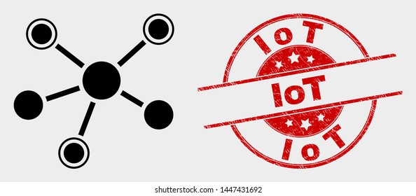 Vector connections icon and Iot stamp. Red rounded textured stamp with Iot caption. Vector combination for connections in flat style. Black isolated connections icon.