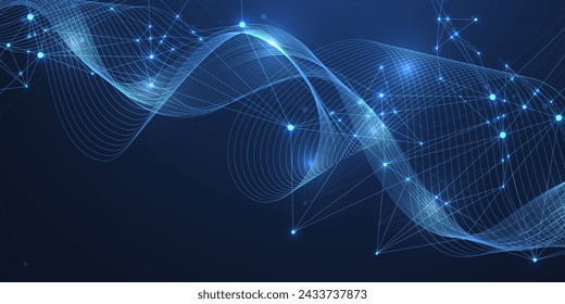 Conexiones vectoriales de líneas y puntos. Plantilla de banner de tecnología. Comunicación de fondo abstracto gráfico. Matriz mínima con líneas y puntos compuestos. Visualización de datos digitales.