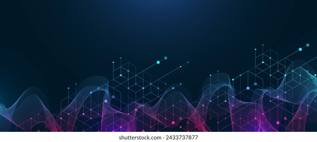 Conexiones vectoriales de líneas y puntos. Plantilla de banner de tecnología. Comunicación de fondo abstracto gráfico. Matriz mínima con líneas y puntos compuestos. Visualización de datos digitales.