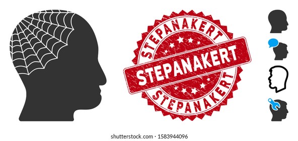 Vector conservator head icon and grunge round stamp seal with Stepanakert caption. Flat conservator head icon is isolated on a white background. Stepanakert stamp uses red color and grunge surface.