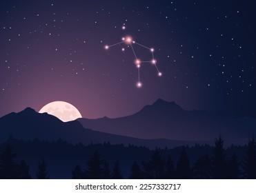 La constelación vectorial Ara en un cielo morado oscuro y estrellado. Montañas malolientes, luna en alza, bosque oscuro, montañas