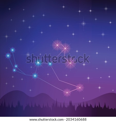Vector of a constellation of blue and pink stars in a blue night sky with silhouetted landscape. graphic decor print design, outer space and cosmos concept digitally generated image.