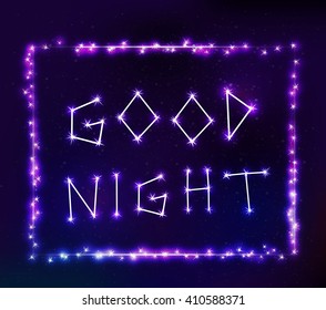 Vector constellation frame in space with good night text. Stock illustration of star frame for design