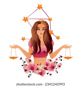 Vector constellation Libra. Libra girl with flowers. Horoscope. Isolated on white background