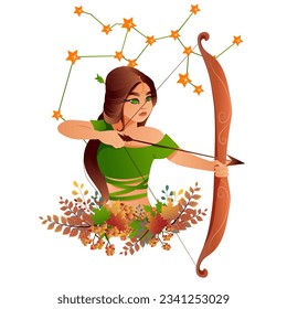 Vector constellation Sagittarius. Sagitarius girl with flowers. Horoscope. Isolated on white background