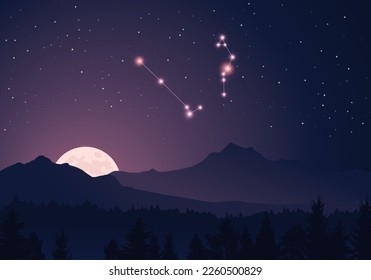 Constelación vectorial Serpens en un cielo morado oscuro y estrellado. Montañas malolientes, luna en alza, bosque oscuro, montañas