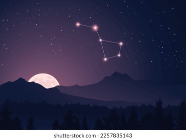 Vector constellation Volans in dark purple, starry sky. Misty hills, rising moon, dark forest, mountains
