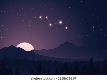 Vector constellation Vulpecula in dark purple, starry sky. Misty hills, rising moon, dark forest, mountains