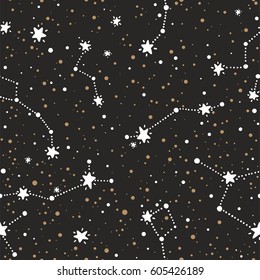 Vector constellations background, sky map, constellations. Baby pattern with stars and gold elements