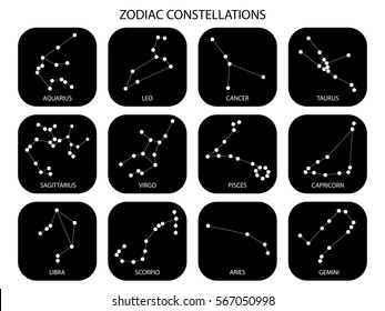 Vector. Constellations Of The Black Zodiac Signs, Constellations, Icons Of The Stars On White Background With Titles. Glowing Lines And Points. Star Chart, Map. Deep Space