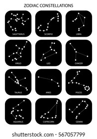 Vector. Constellations of the black zodiac signs, constellations, icons of the stars on white background with titles. Glowing lines and points. Star chart, map. Deep space