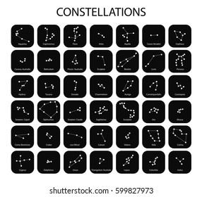 Vector. Constellations of the black zodiac signs, icons of the stars on white background with titles. Glowing lines and points. Star chart, map. Deep space
