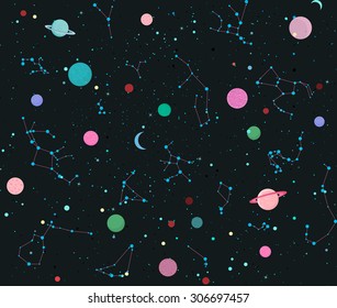 Vector constellations seamless background. Seamless fantasy pattern of constellations.