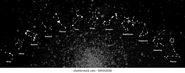 Vector. Constellations of the zodiac signs, constellations, icons of the stars on the starry sky background with titles. Glowing lines and points. Star chart, map. Deep space
