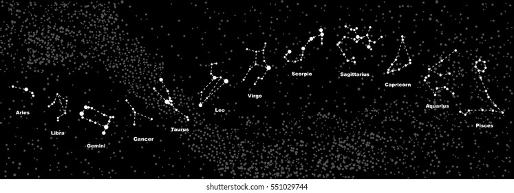 Vector. Constellations of the zodiac signs, constellations, icons of the stars on the starry sky background with titles. Glowing lines and points. Star chart, map. Deep space