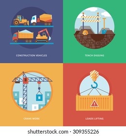 Vector constructing, industry of building and development set for web design and mobile apps. Illustration for construction vehicles, tench digging, crane work and loads lifting.