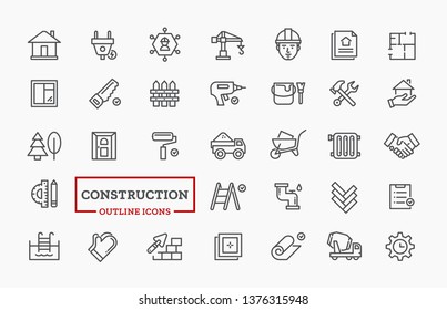 Vector Constructing and Renovation Icons Set. Vector Outline Building Symbols of concrete mixer, flooring, paint roller, builder for Website. Related sign collection