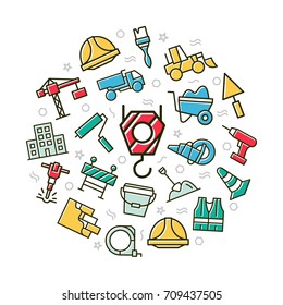 Vector construction colored icons in circle design concept. Illustration for presentations on white background