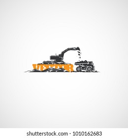 Vector construction excavator and heavy truck.